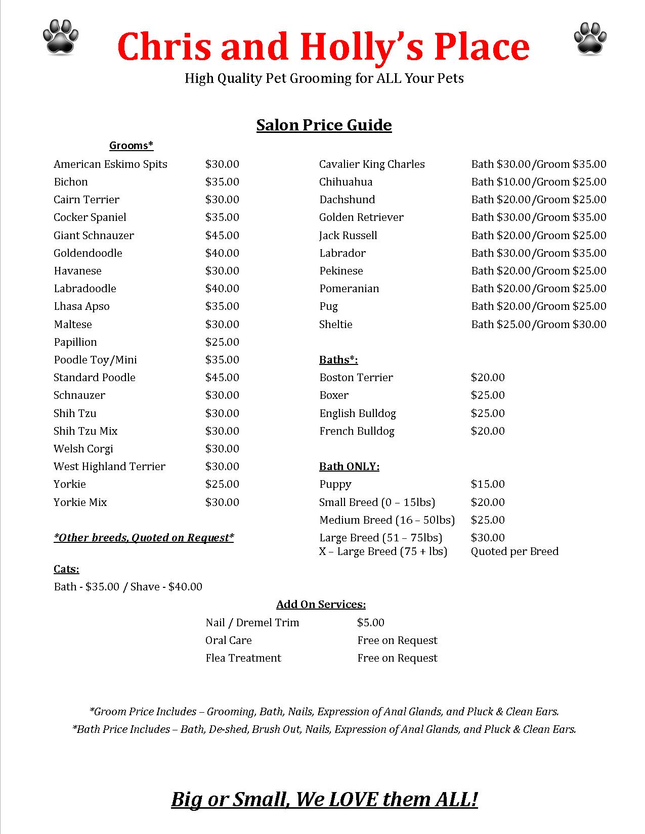Chris Holly s Place Price List